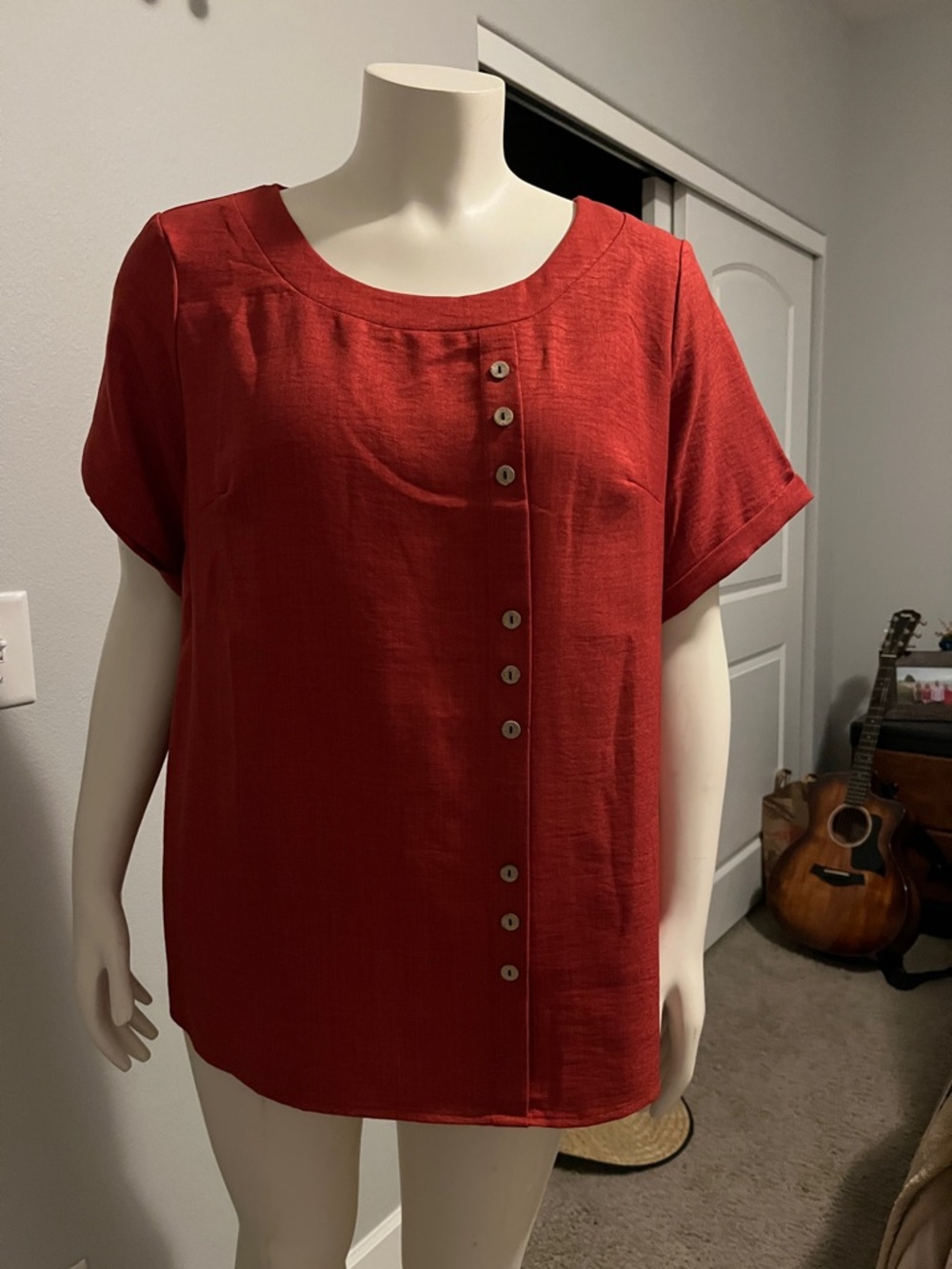SHEIN Burnt Red Short-Sleeve Blouse. Button Embellishments.